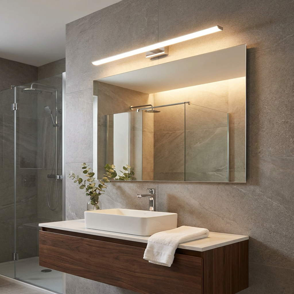 A long chrome LED wall light mounted above a bathroom mirror, illuminating a modern vanity with a white vessel sink.