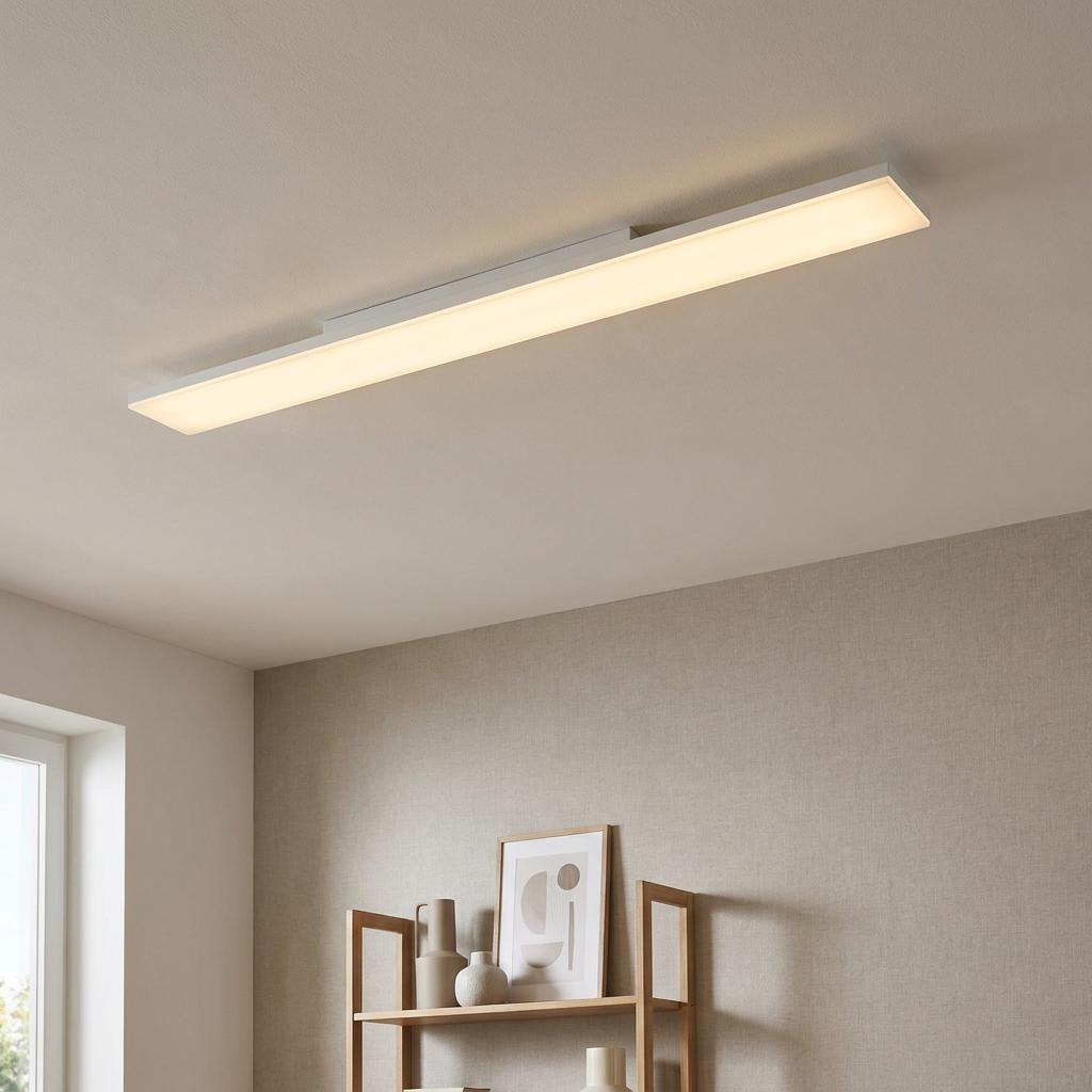 A long rectangular LED flush ceiling light emitting a warm glow in a modern room with a decorative wall shelf.