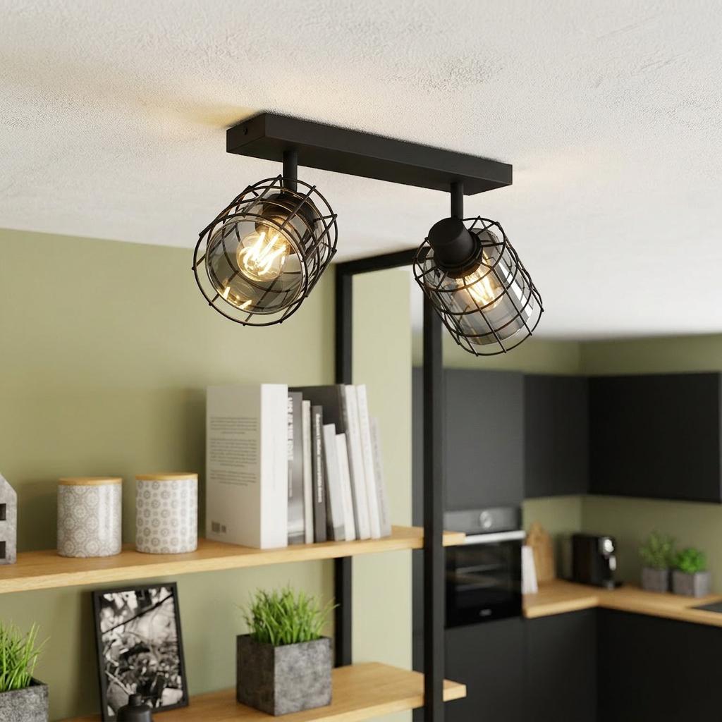 Two-light bar spotlight with black wire cages and smoked glass shades, ceiling-mounted in a modern interior.