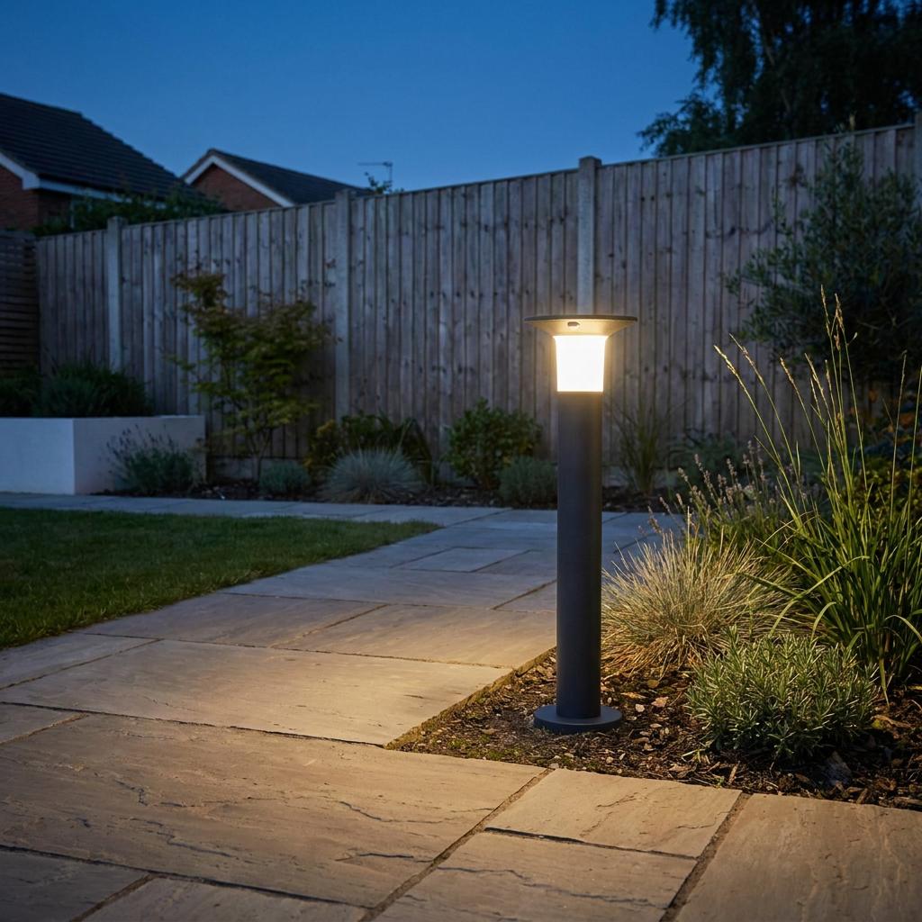 Grey solar LED bollard light illuminating a stone garden path at dusk against a wooden fence.