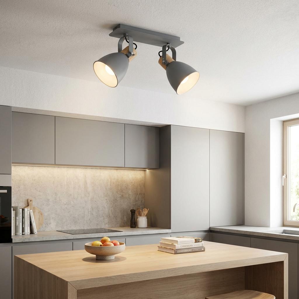 Eglo Coswarth grey and wood 2-light bar spotlight mounted on a kitchen ceiling over a wooden island.