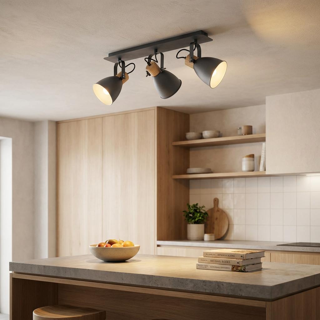 Eglo Coswarth three-light grey and wood bar spotlight mounted on a kitchen ceiling over a wooden island.