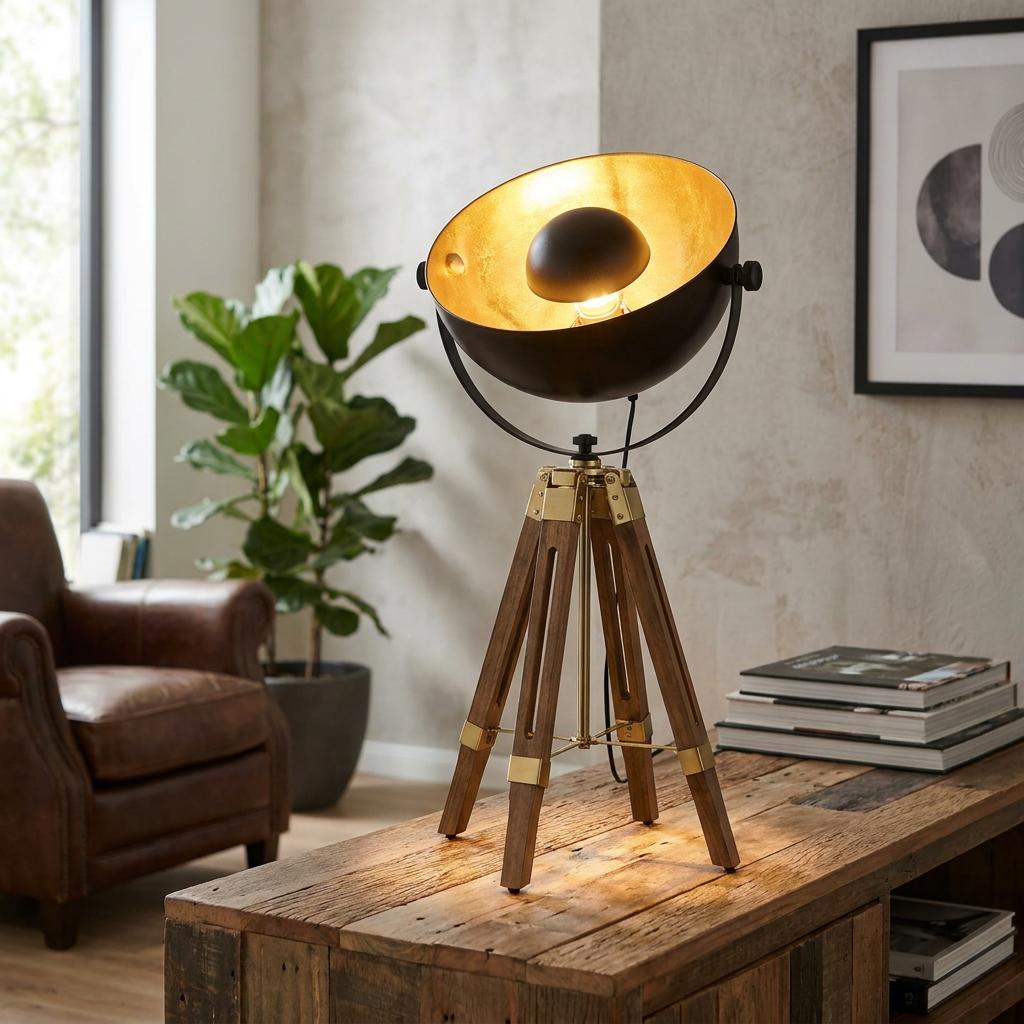 Eglo Covaleda tripod table lamp with a black and gold dome shade and wooden legs on a rustic wooden table.