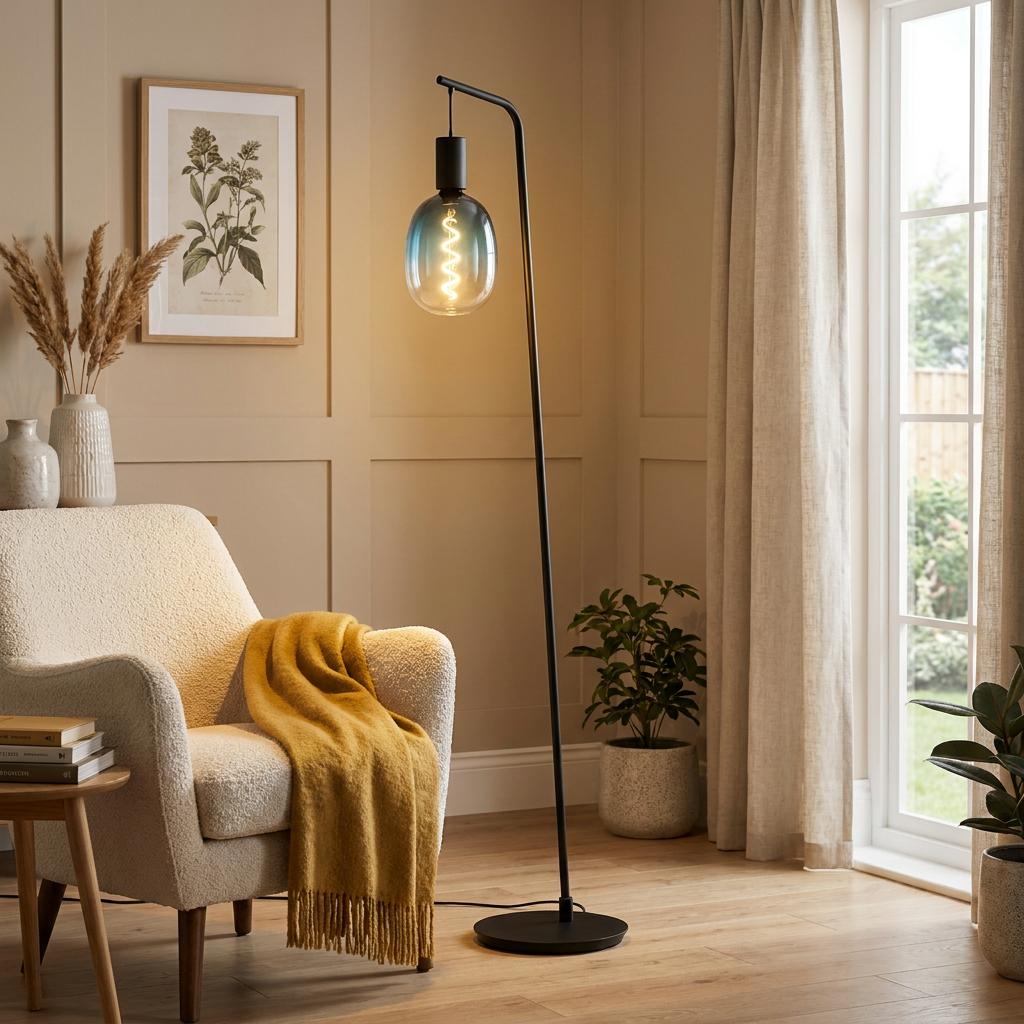 Eglo Cranley black floor lamp with a tinted glass bulb and glowing filament in a cozy neutral living room.