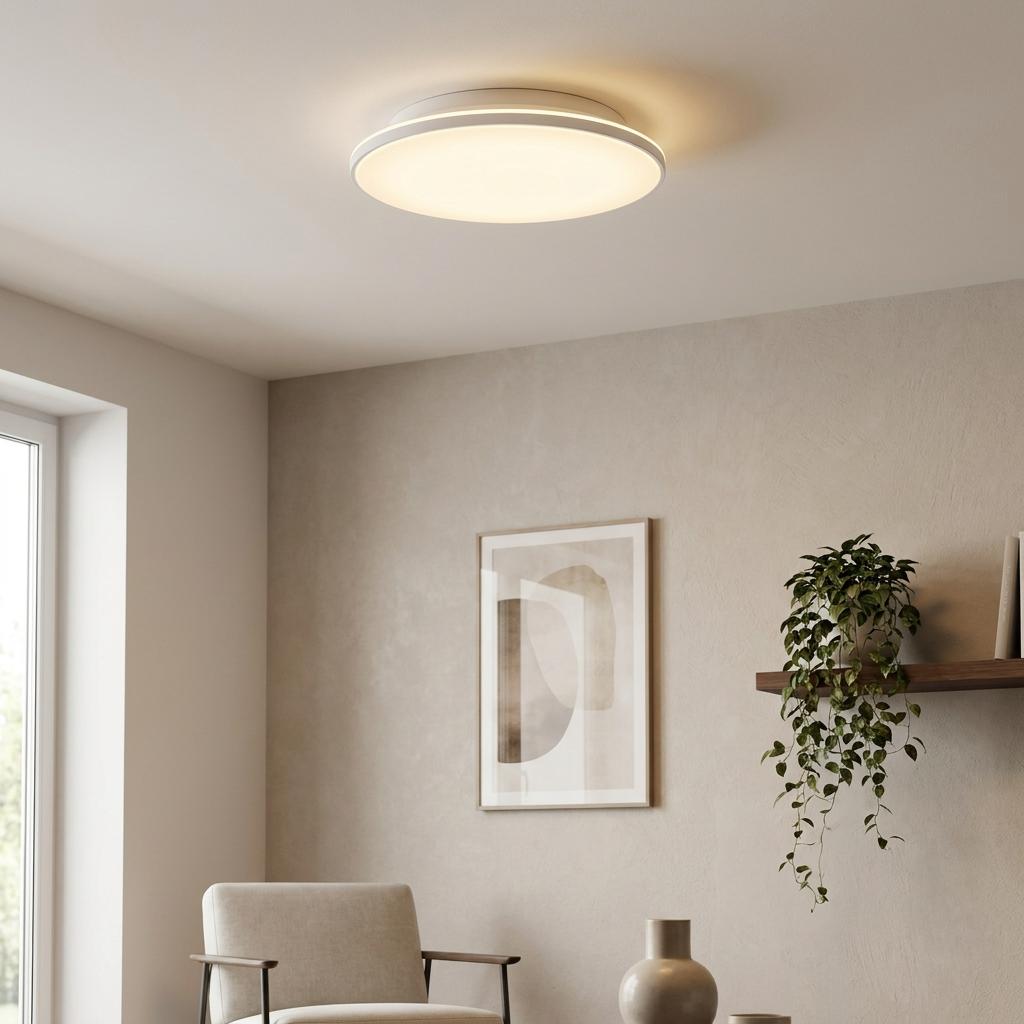 Round white flush LED ceiling light illuminating a neutral-toned living room with minimalist decor.