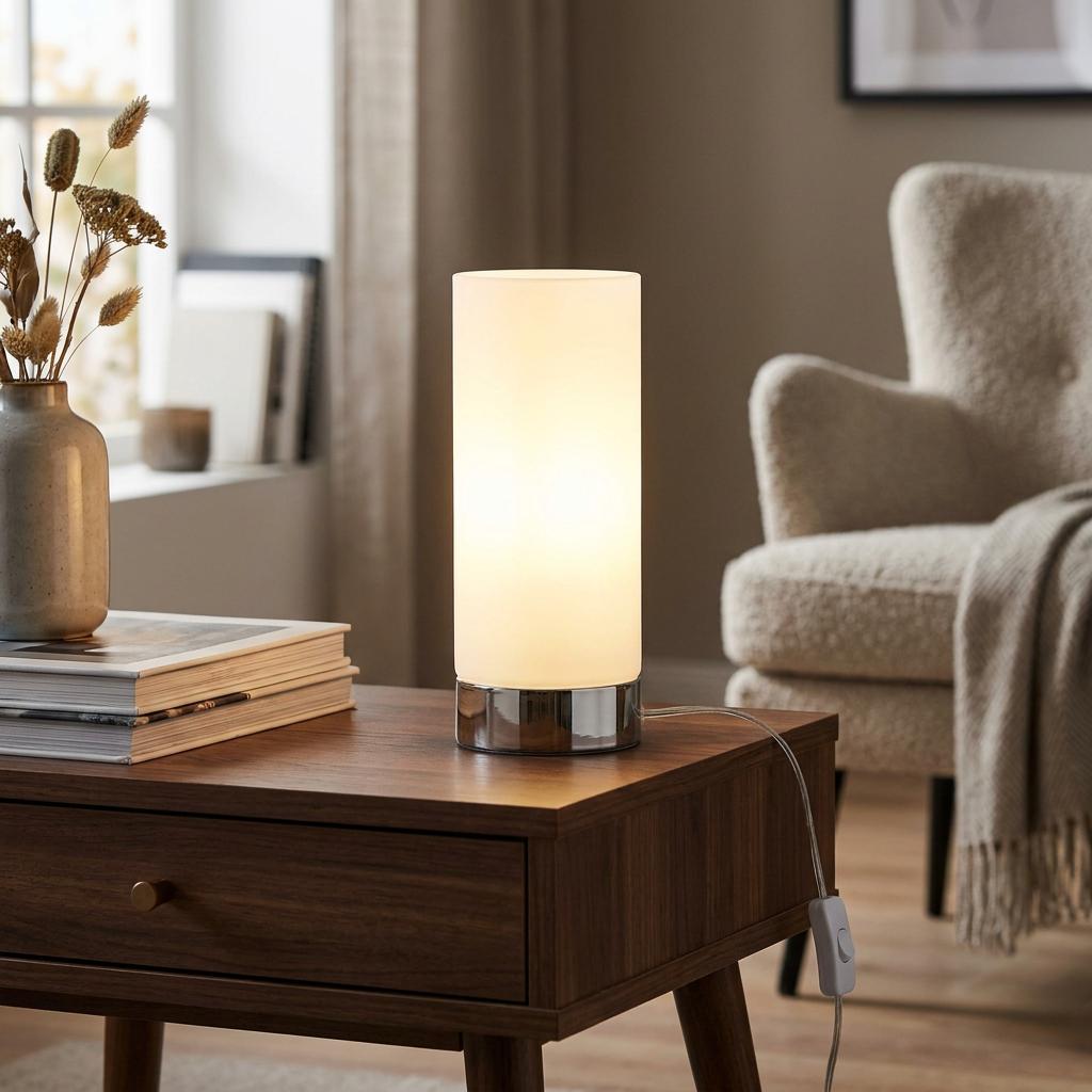Illuminated cylindrical satin glass table lamp with a chrome base on a wooden side table in a living room.
