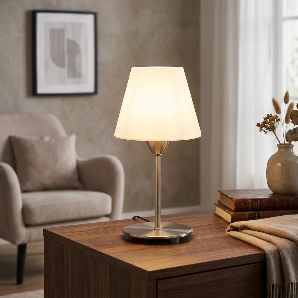 Nickel table lamp with an illuminated opal glass shade on a wooden desk in a cozy interior.