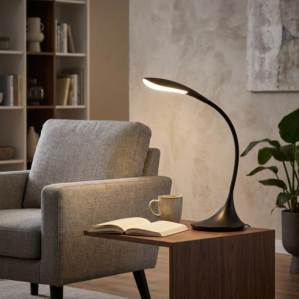 Sleek black flexible LED lamp illuminating an open book on a side table next to a gray armchair.