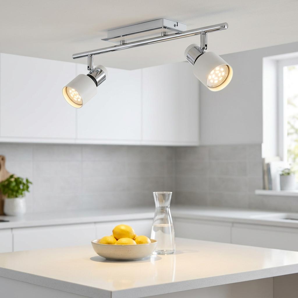 Chrome and white two-light bar spotlight fixture mounted on a modern kitchen ceiling above a white island.