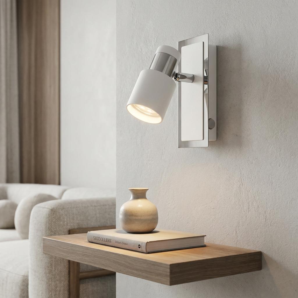 White and chrome adjustable wall spotlight mounted on a textured wall above a wooden shelf with a small vase.
