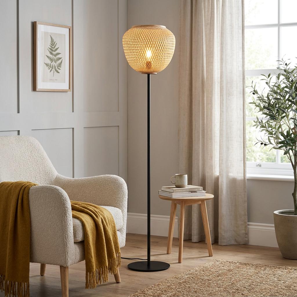 Eglo Dembleby floor lamp with a woven wicker shade in a light-filled living room with an armchair and side table.