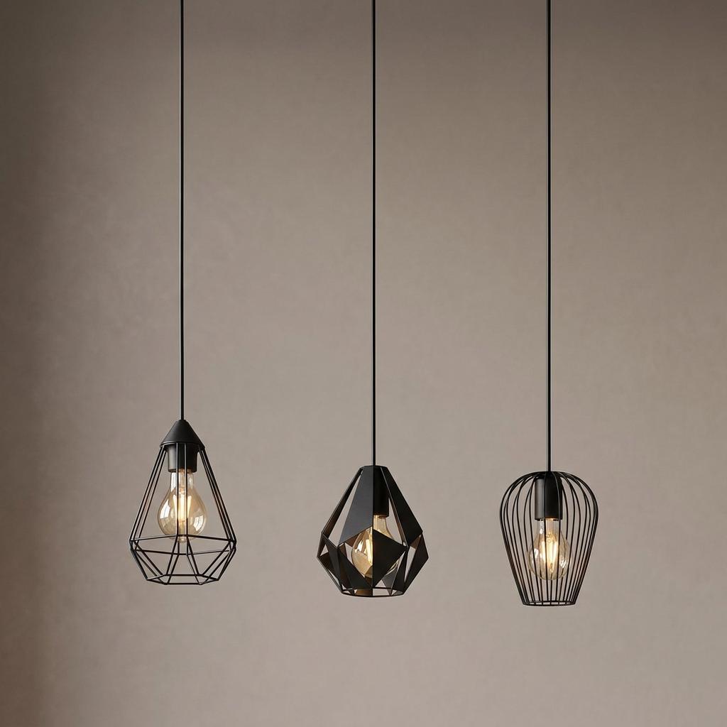 Three black geometric cage pendant lights with lit bulbs hanging against a grey wall.
