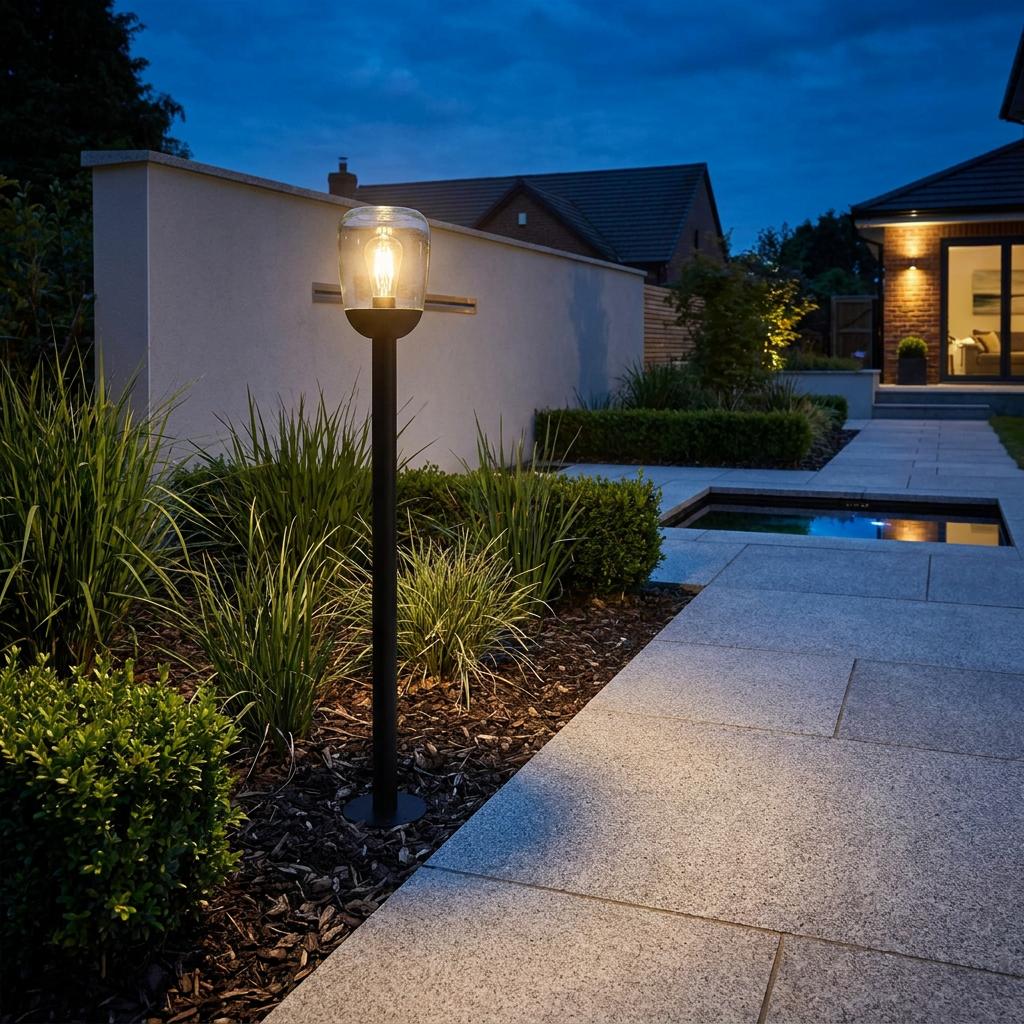 Eglo Donatori black aluminium bollard post light with a clear glass shade illuminating a garden path at dusk.