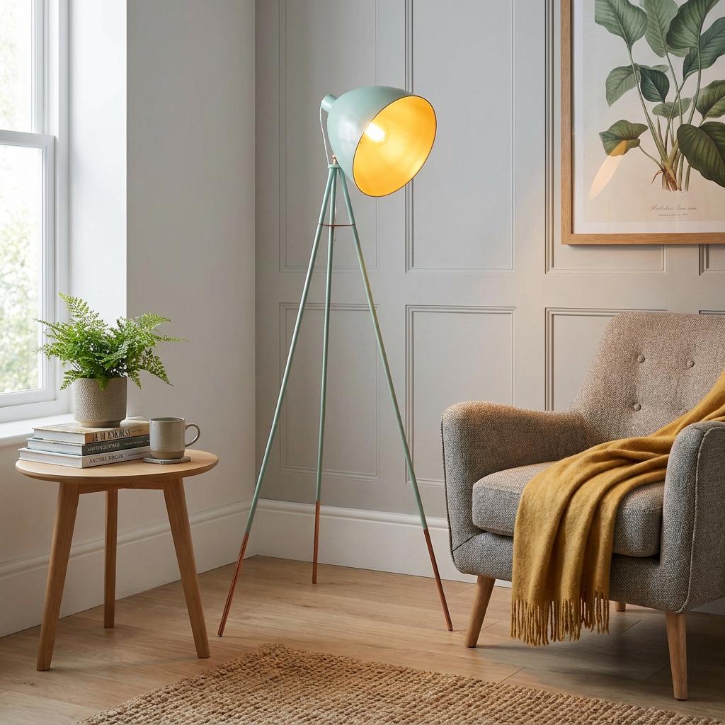 Mint green and copper tripod floor lamp providing a warm glow in a cozy living room corner.