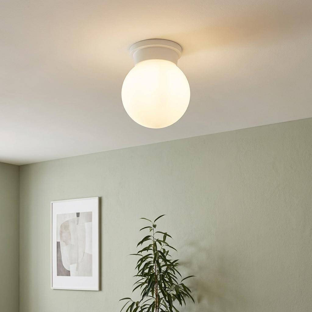 A round white glass globe ceiling light illuminated in a room with light green walls and a potted plant.