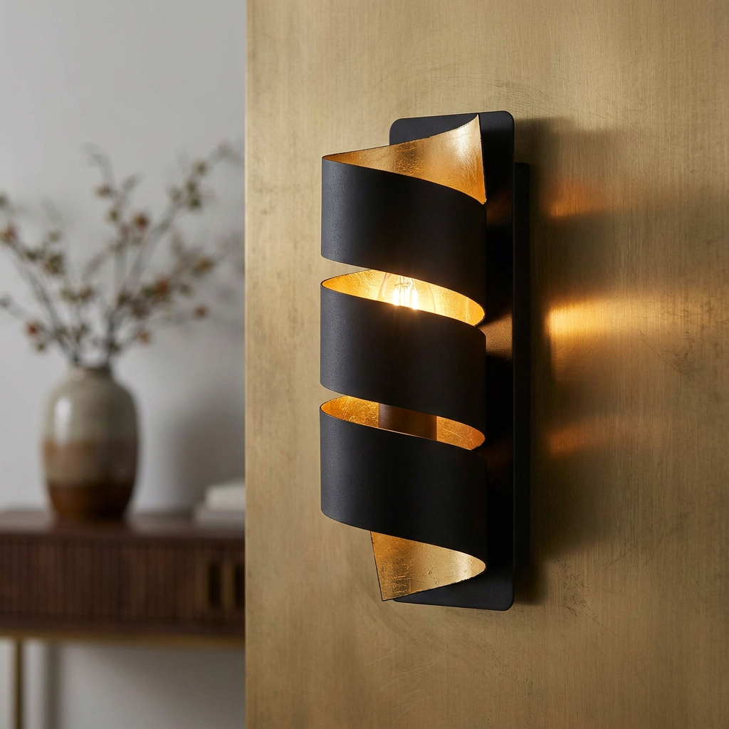 Eglo Elizondo spiral wall light with black exterior and gold leaf interior mounted on a textured gold wall.