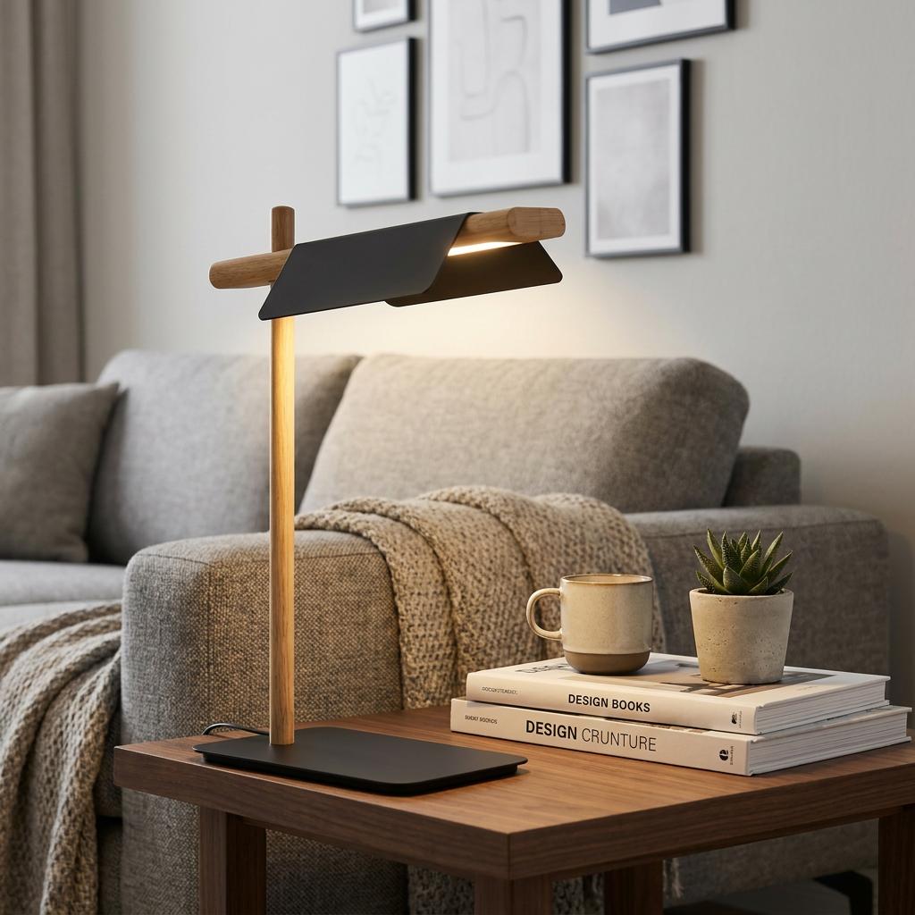 Modern black and wood LED table lamp on a side table next to books and a mug in a stylish living room.
