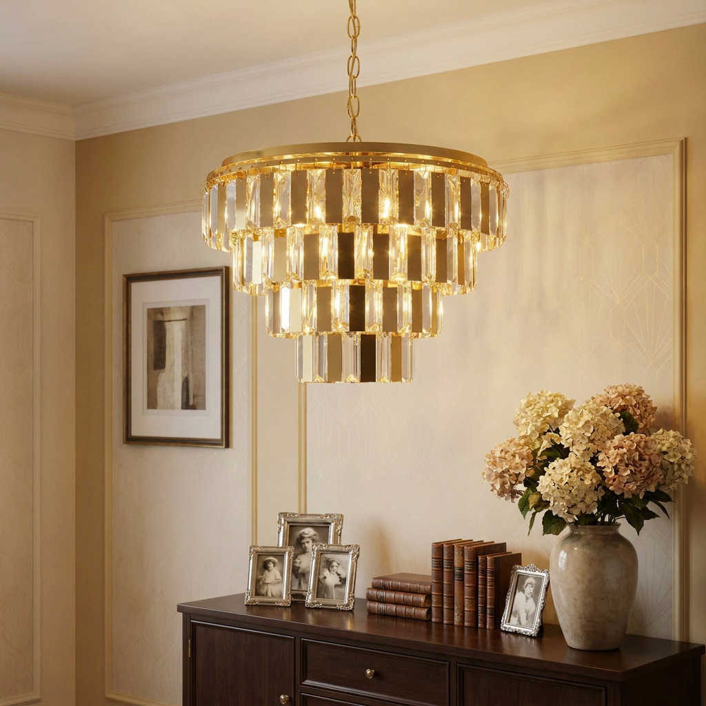 A tiered brass and crystal chandelier hanging above a wooden sideboard in an elegant room setting.
