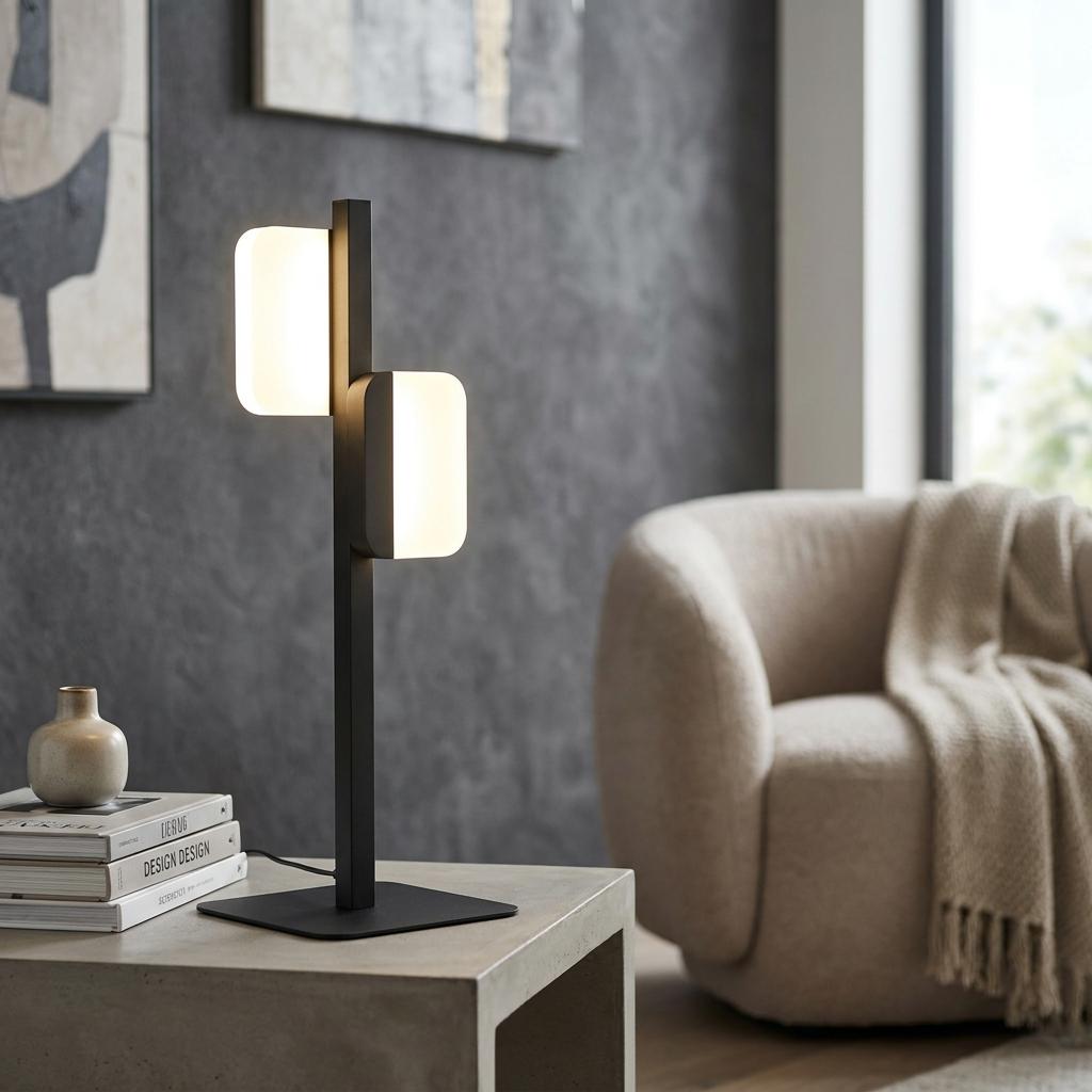 Modern Eglo Ervidel black table lamp with two glowing rectangular heads on a side table in a living room.