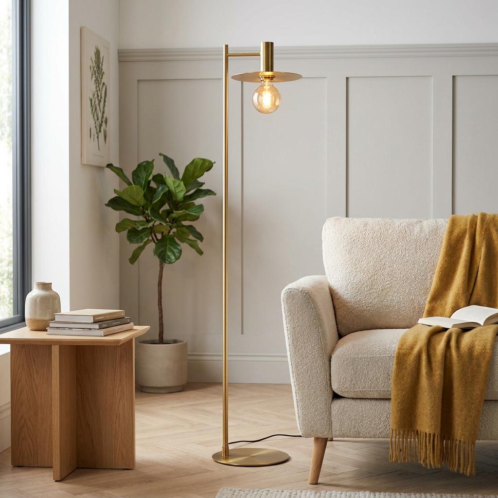 A minimalist Eglo Escandell brass floor lamp with an exposed globe bulb next to a modern sofa in a bright living room.