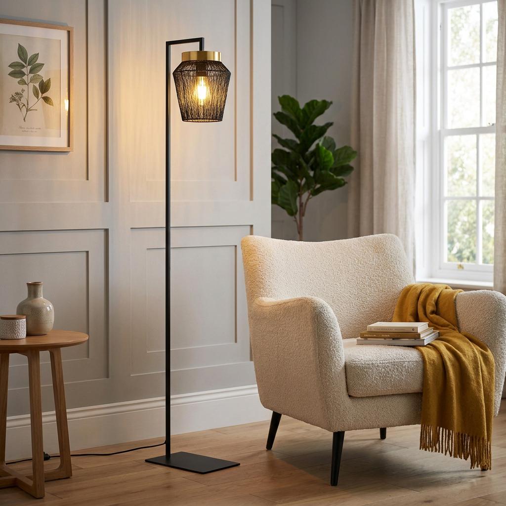 Black and gold floor lamp with a fine wire shade standing next to a white boucle armchair in a cozy living room.