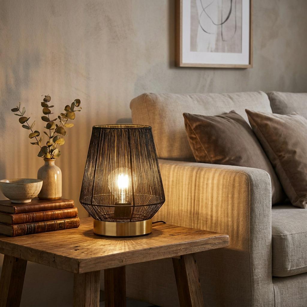 Black wire-framed table lamp with a gold base lit on a rustic wooden side table next to a neutral sofa.