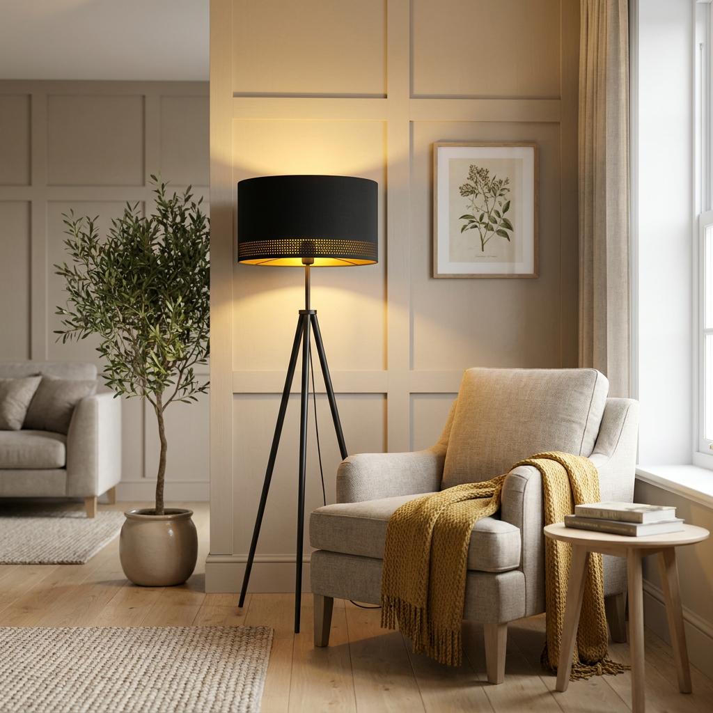 Black tripod floor lamp with a gold-lined shade illuminating a cozy living room armchair and side table.