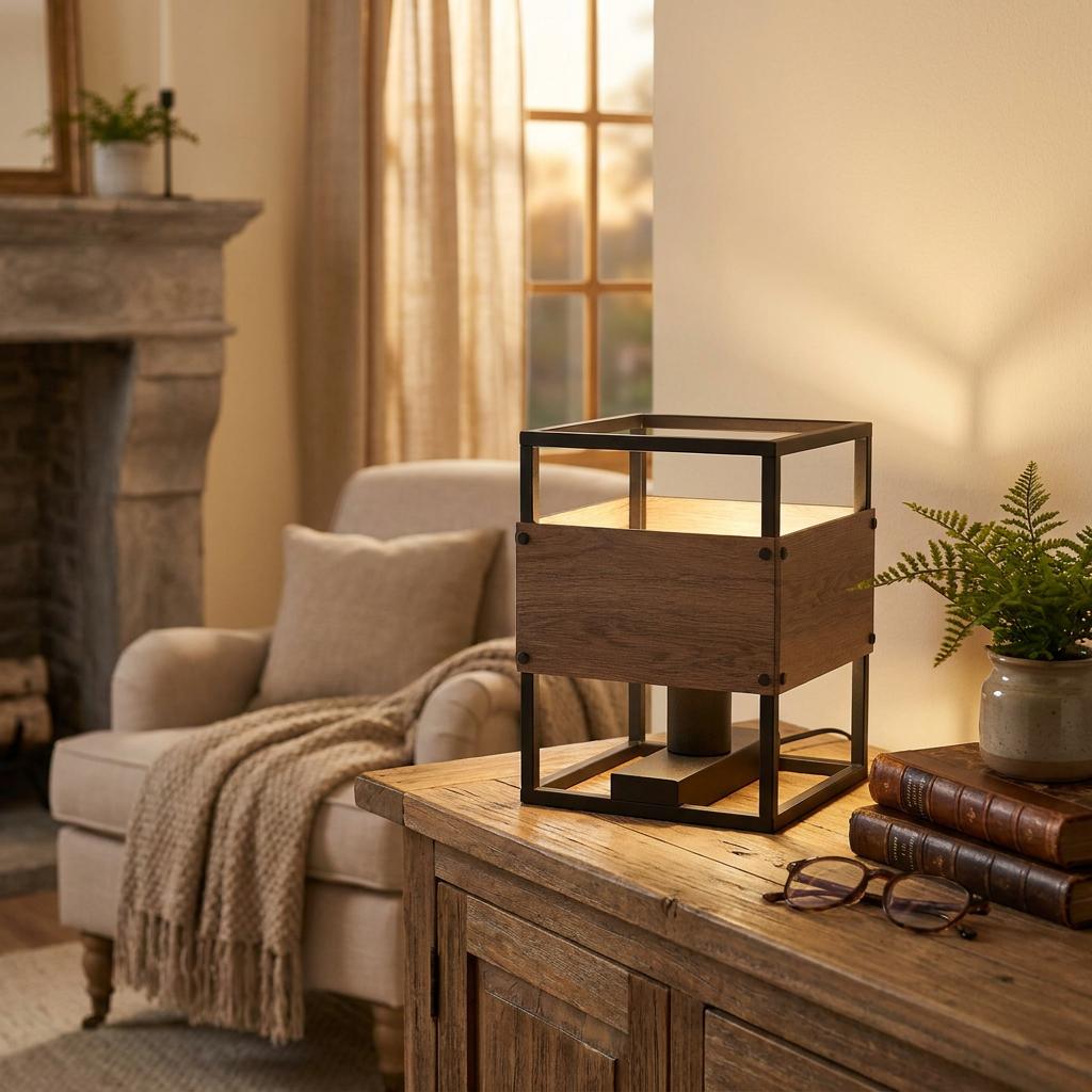 Eglo Evesham black metal and wood table lamp on a rustic sideboard in a warm, cozy living room.