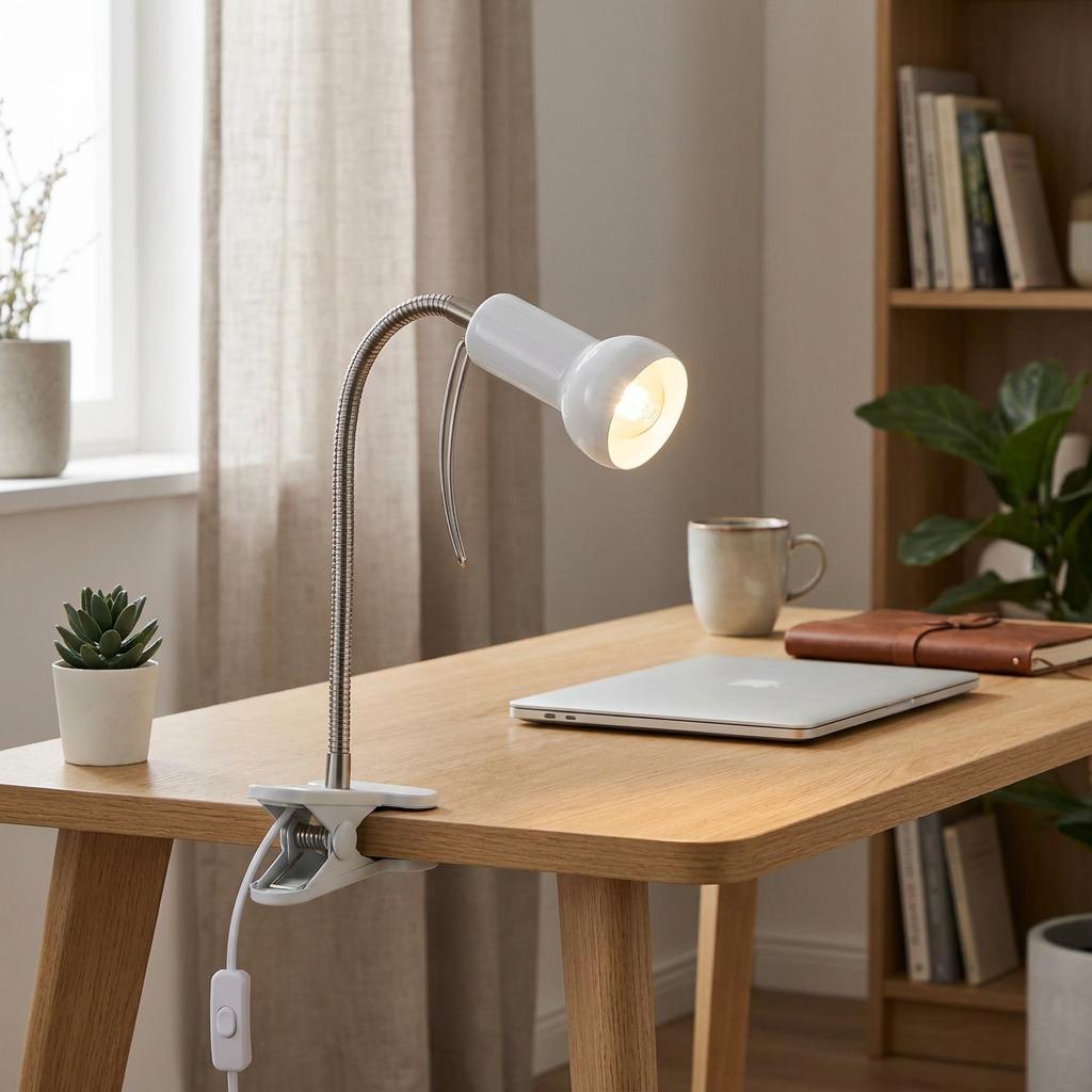 White Eglo Fabio clamp lamp with a flexible neck lit on a wooden desk next to a laptop and succulent.