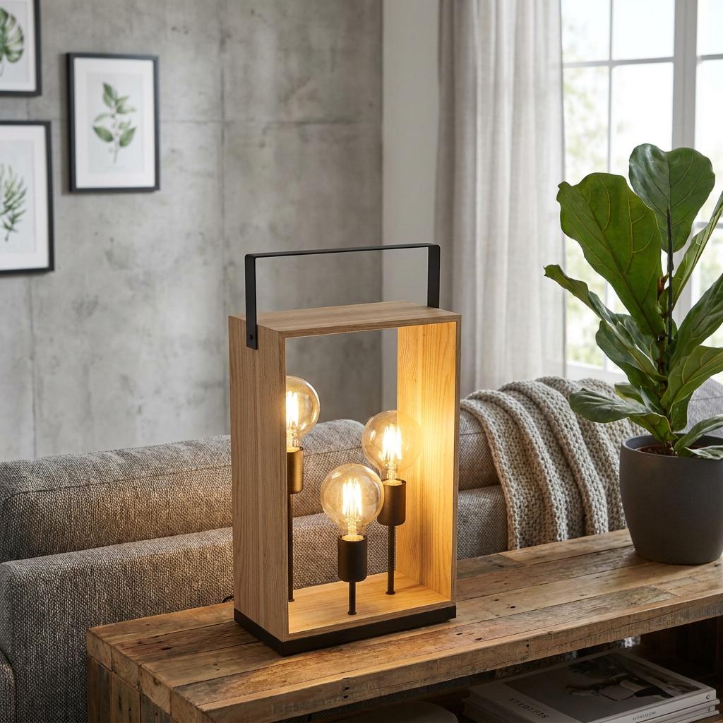 Three-light wooden frame table lamp with Edison bulbs on a rustic wooden table in a contemporary living room.