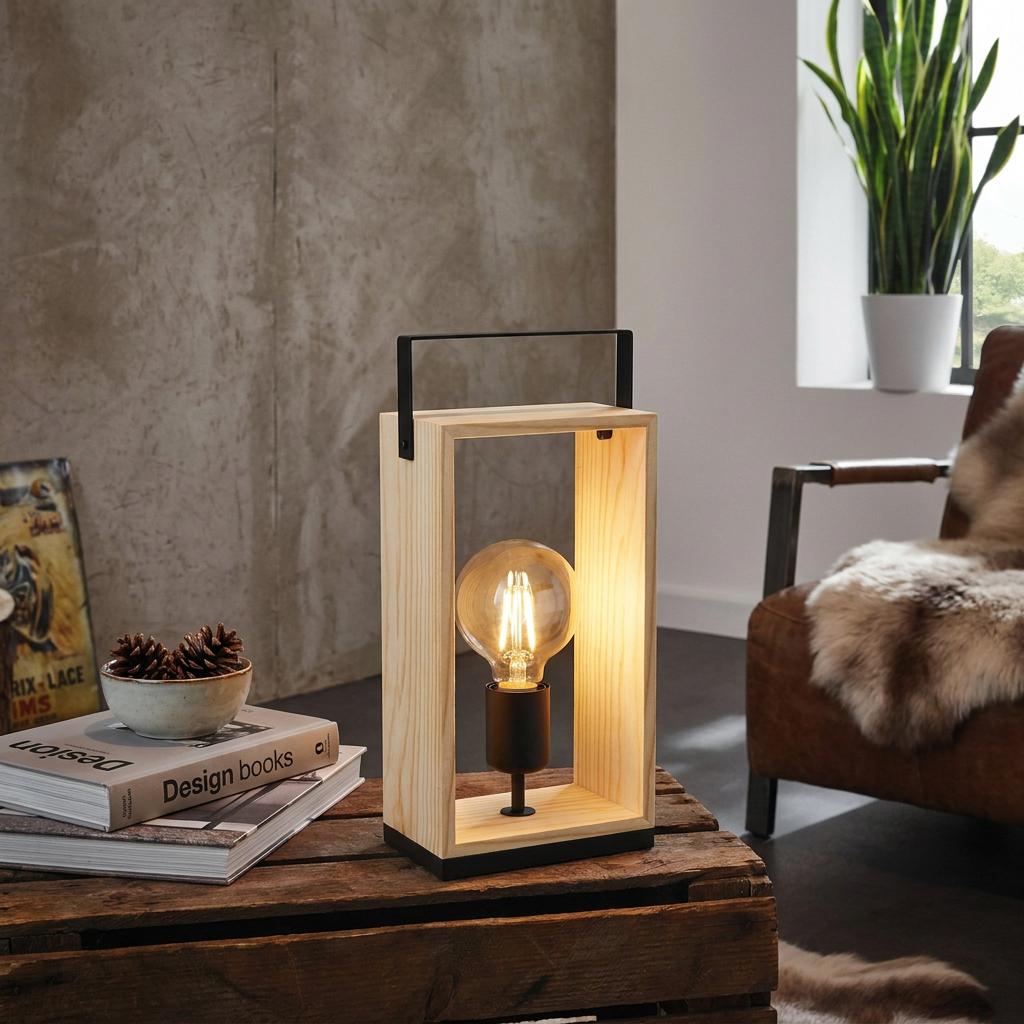 Rectangular natural wood table lamp with an Edison bulb on a rustic crate in a modern industrial living room.