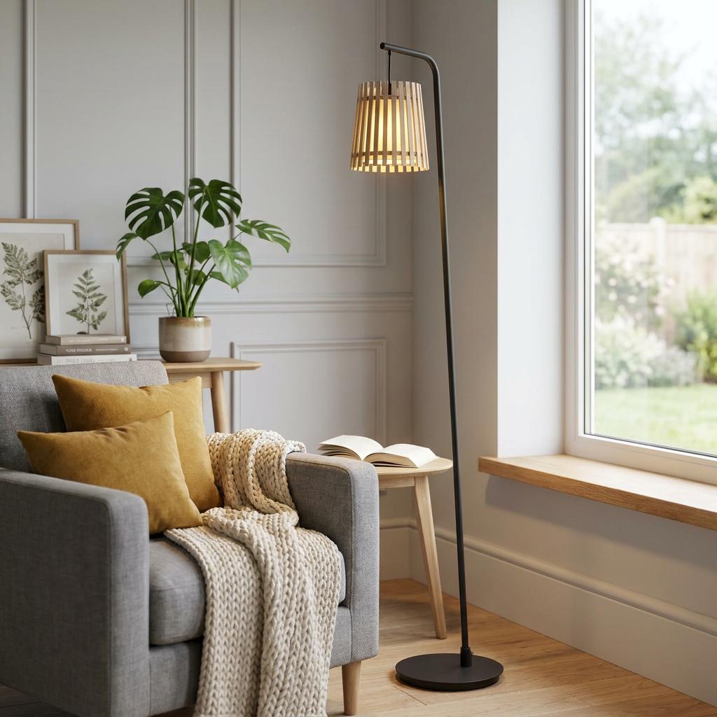 Black floor lamp with a wooden slat shade glowing in a living room next to a grey armchair and monstera plant.