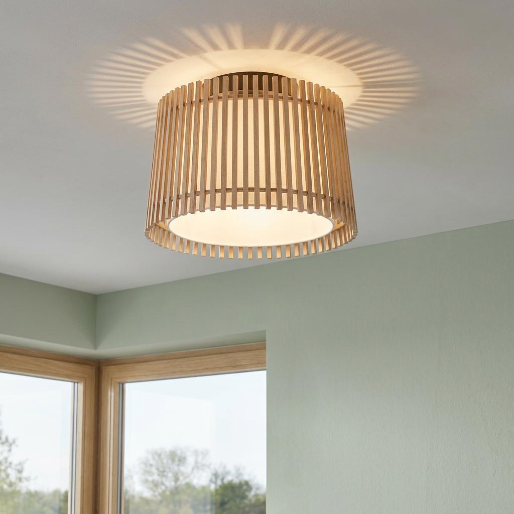 A flush ceiling light with vertical wood slats and a fabric shade, casting a radial pattern in a light green room.