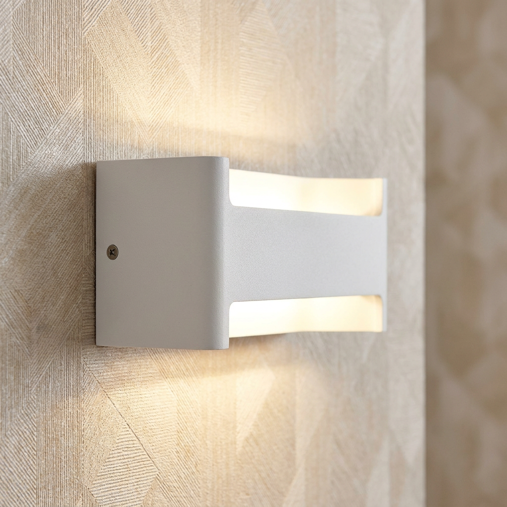 White Eglo Feloniche wall light casting warm upward and downward light on a patterned beige wall.