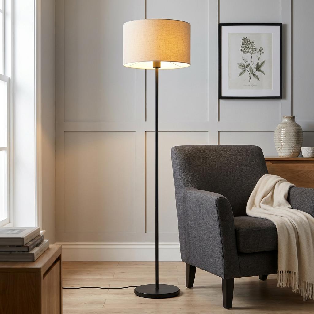 Lit black floor lamp with a natural linen shade next to a grey armchair against a grey paneled wall.
