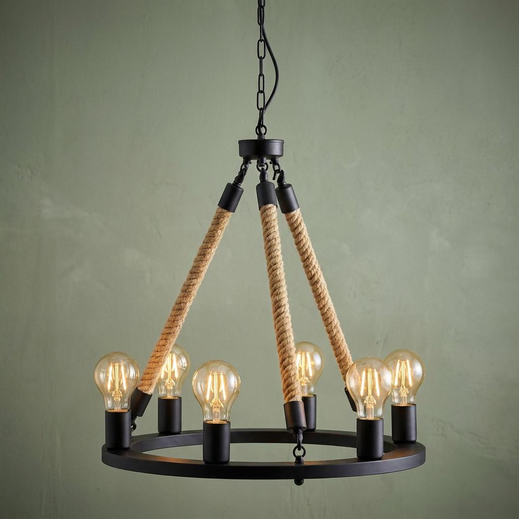 Eglo Findlay 6-light black metal and rope chandelier with filament bulbs against a textured green wall.