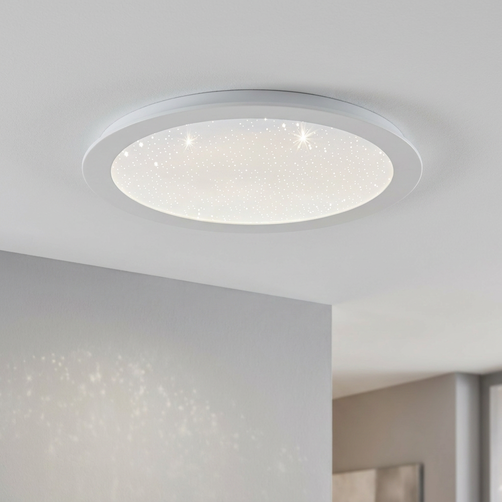 Circular Eglo Fiobbo white recessed LED ceiling light featuring a sparkling crystal effect diffuser.