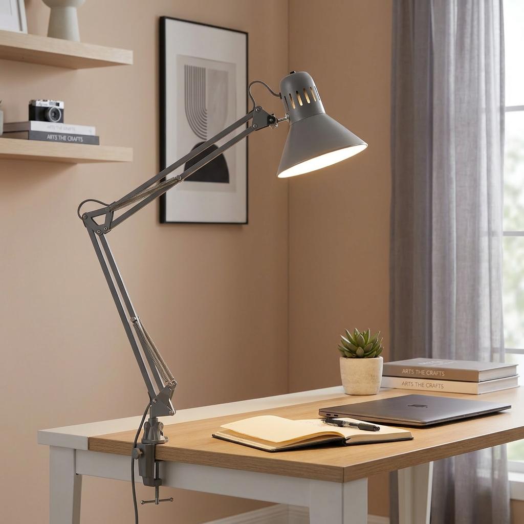 Eglo Firmo grey adjustable table lamp clipped to a wooden desk, illuminating an open notebook in a home office setting.
