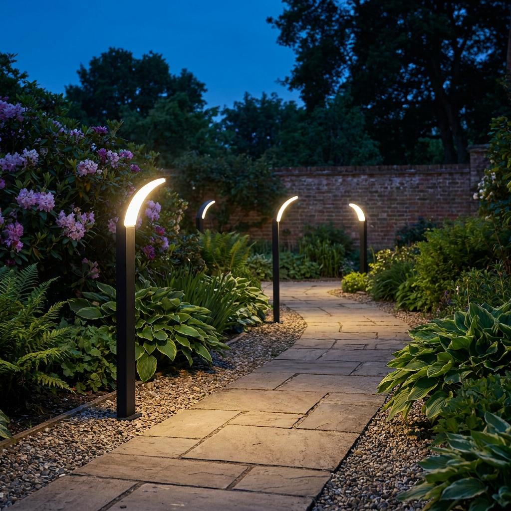 Black curved bollard lights illuminating a stone garden path at twilight with lush green foliage and flowers.