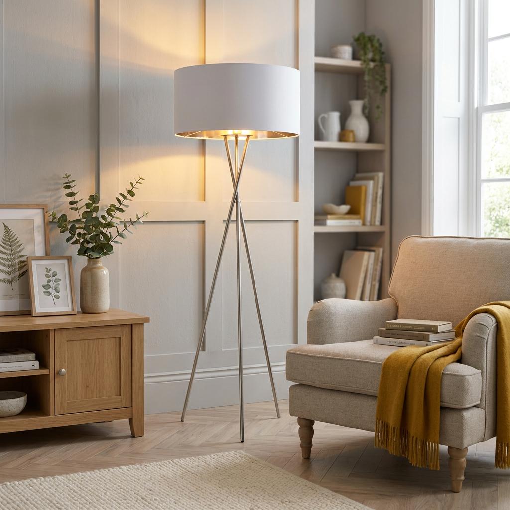 Nickel tripod floor lamp with a white drum shade lit in a contemporary living room next to a beige armchair.