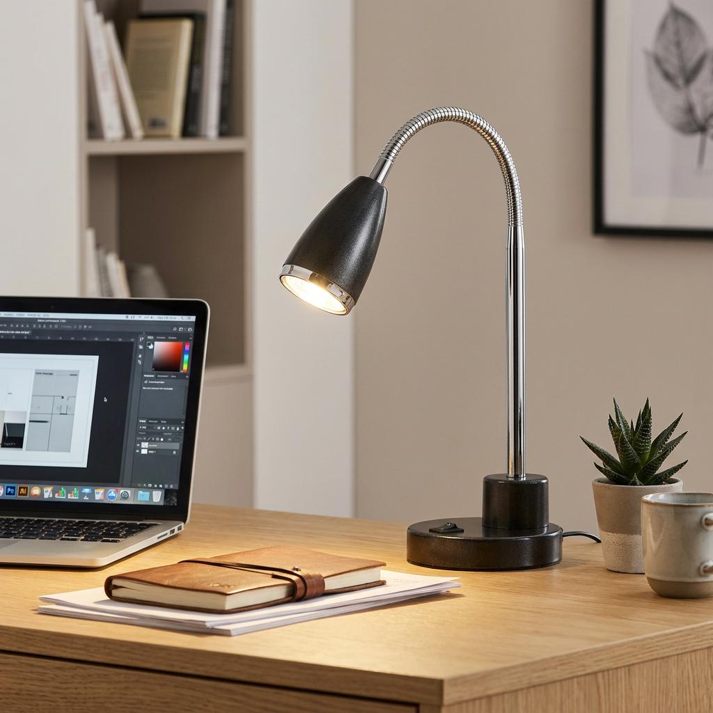 Black and chrome flexible desk lamp illuminating a wooden office desk with a laptop and leather notebook.