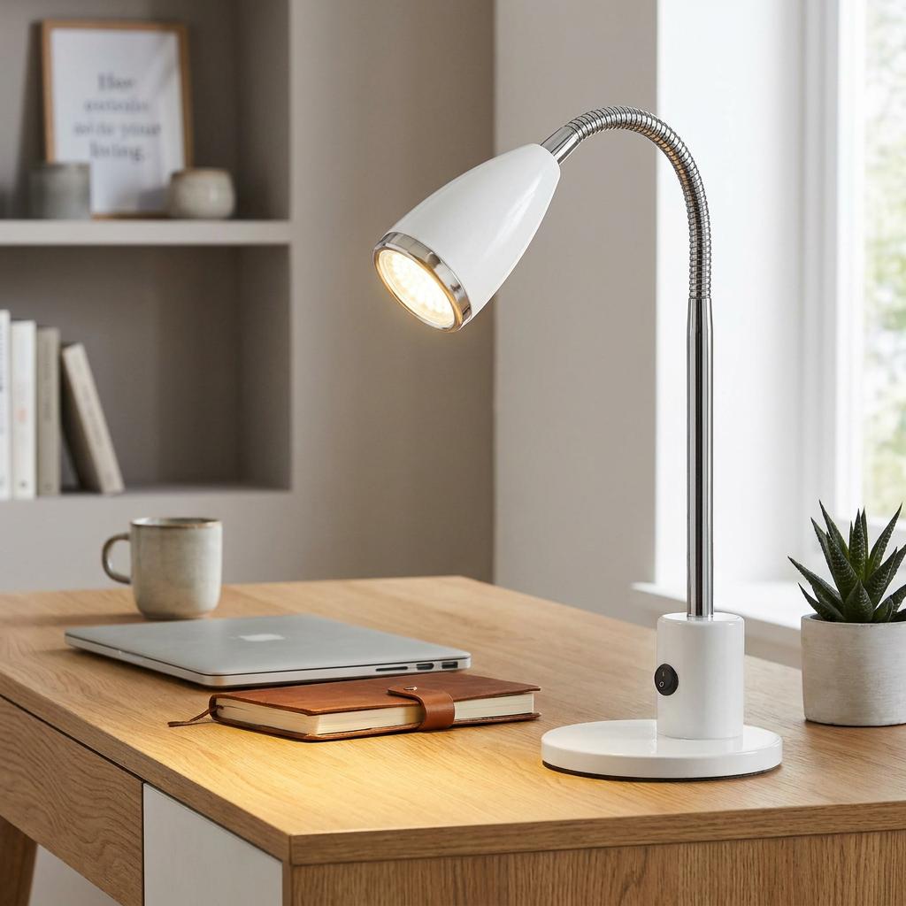White and chrome table lamp with a flexible gooseneck on a wooden desk next to a laptop and leather notebook.