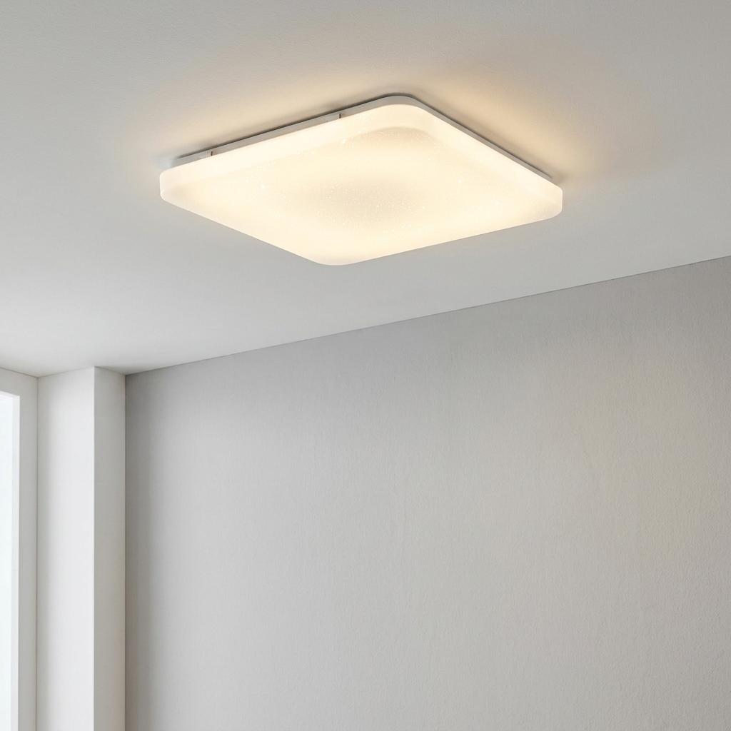Eglo Frania-S square white LED ceiling flush light with a sparkling crystal effect diffuser on a white ceiling.