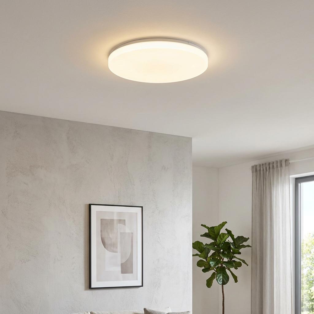 A round white LED flush ceiling light illuminating a modern room with a grey wall and green plant.