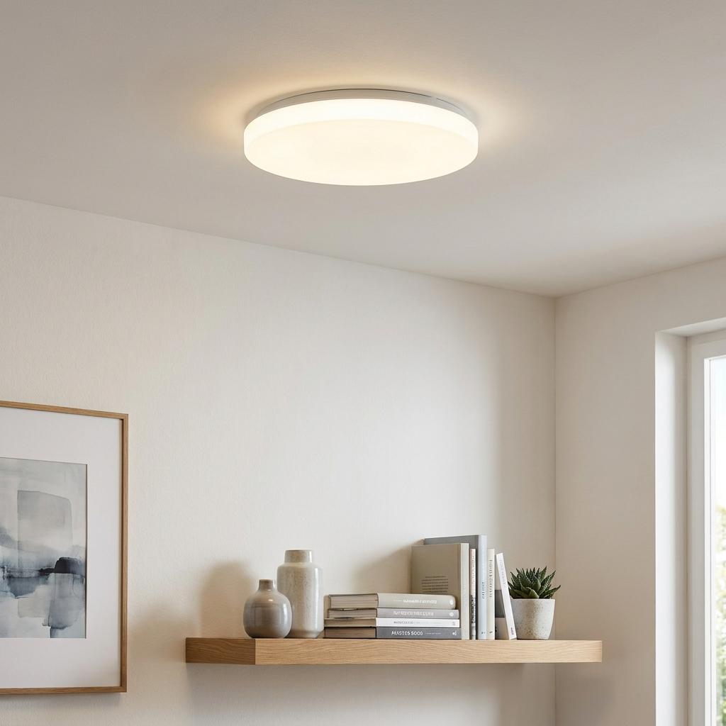 A round white LED flush ceiling light illuminates a minimalist room with a wooden shelf and wall art.