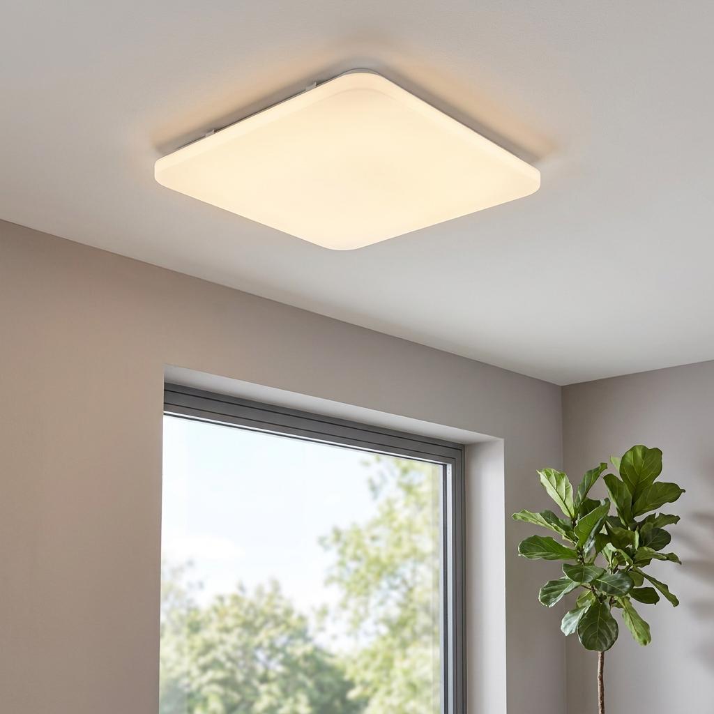 Square white LED ceiling flush light with rounded corners glowing warmly in a modern room setting.