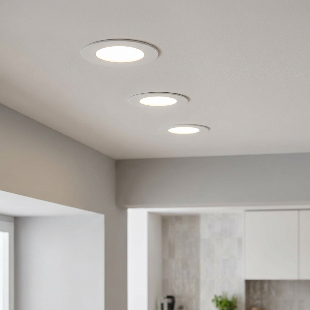 Three modern white recessed LED downlights installed in a row on a white kitchen ceiling.