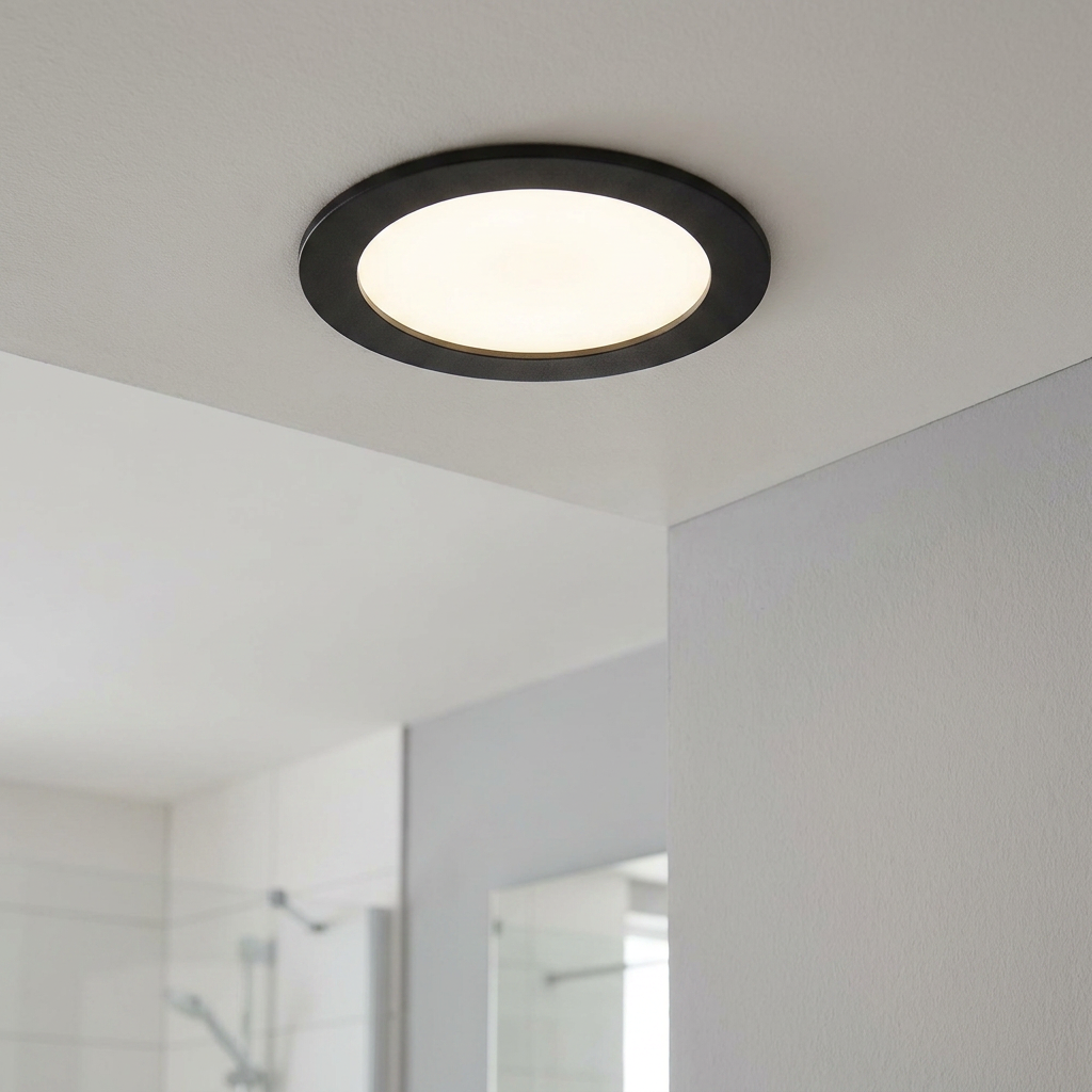 Black round LED recessed ceiling light illuminated in a modern bathroom setting.