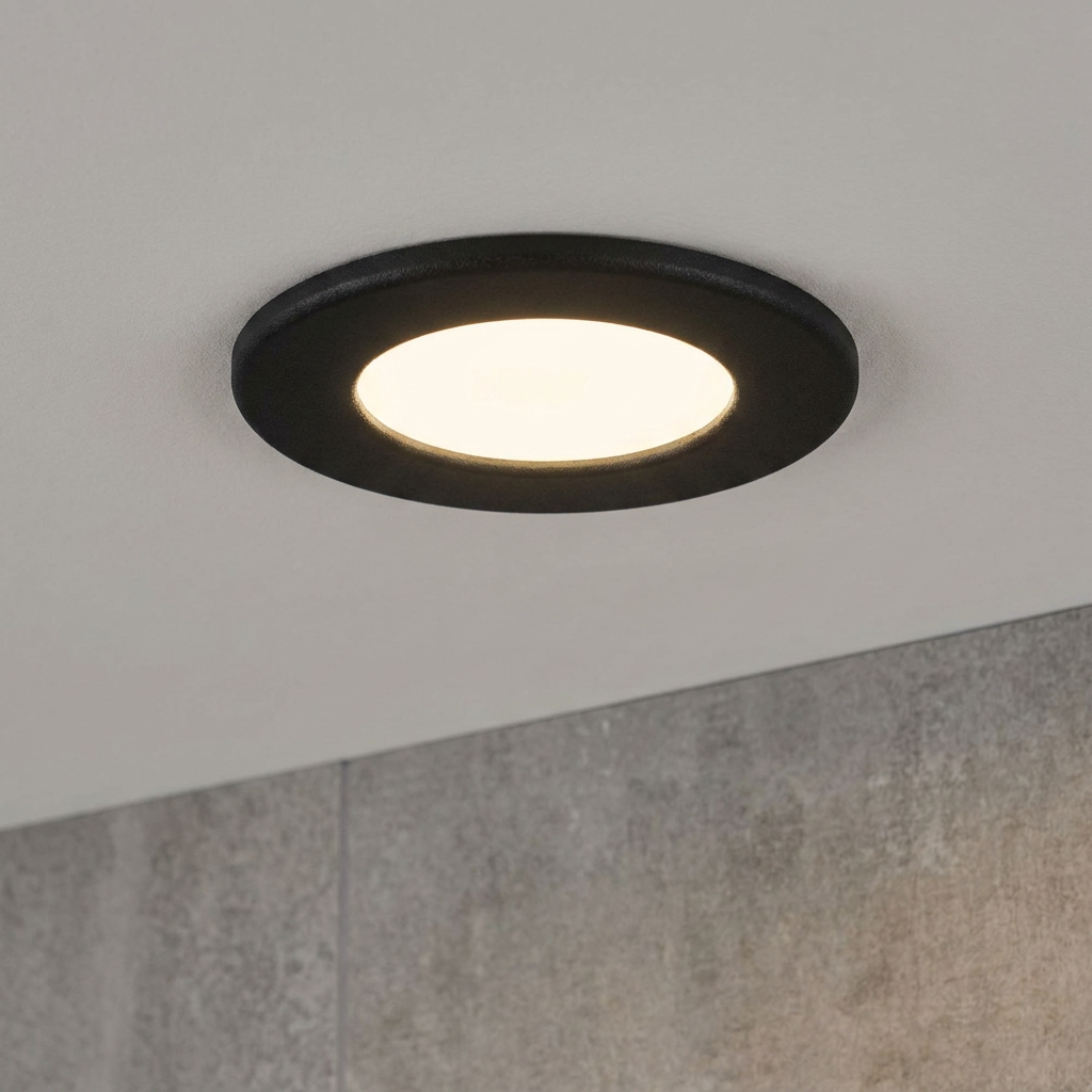 Round black recessed LED ceiling light illuminated on a white ceiling above grey bathroom tiles.
