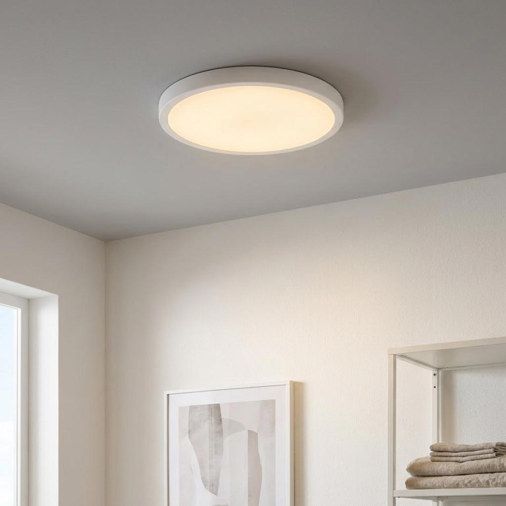 Round white flush LED ceiling light providing warm illumination in a bright bathroom setting.